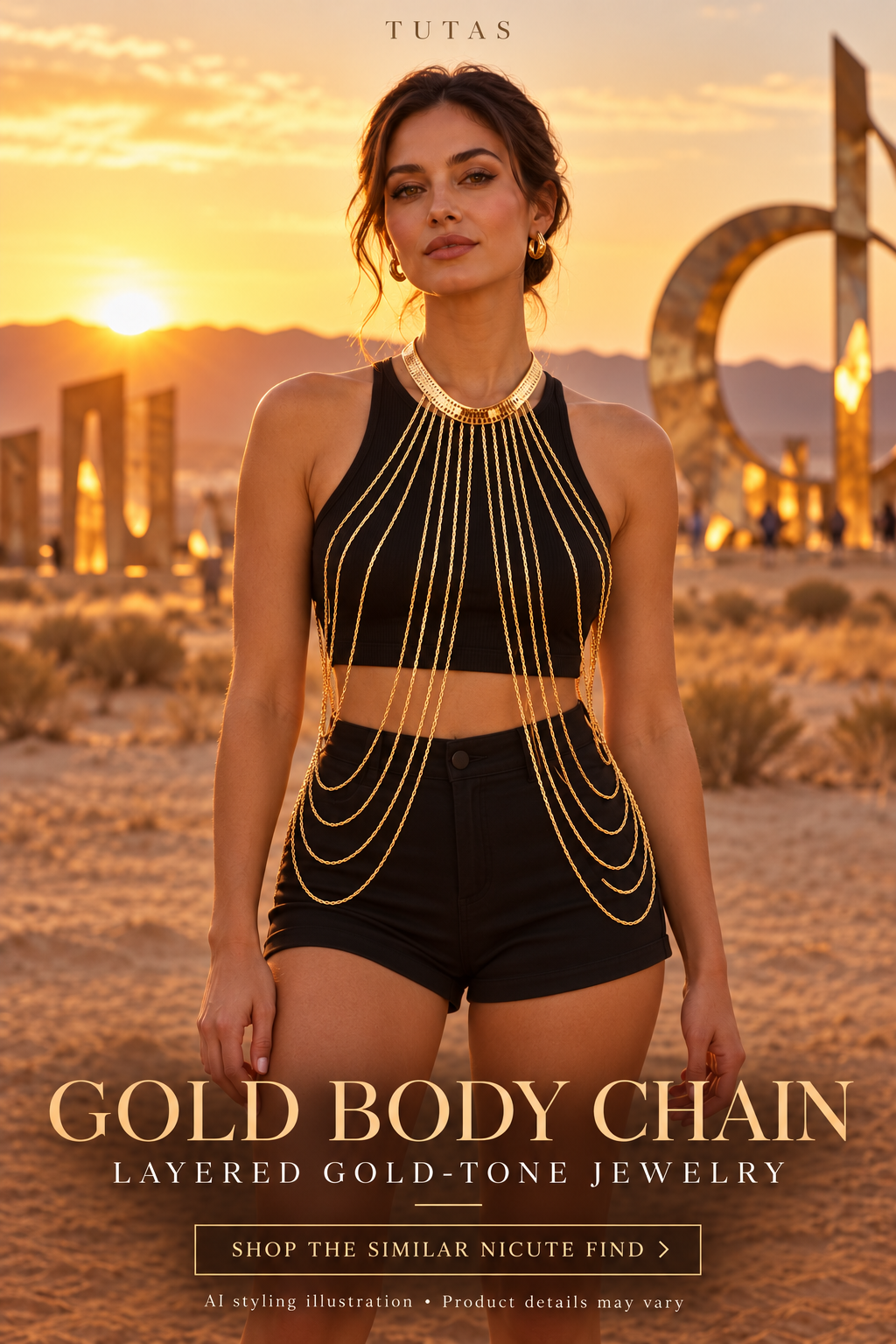 Gold chain outfit styling illustration